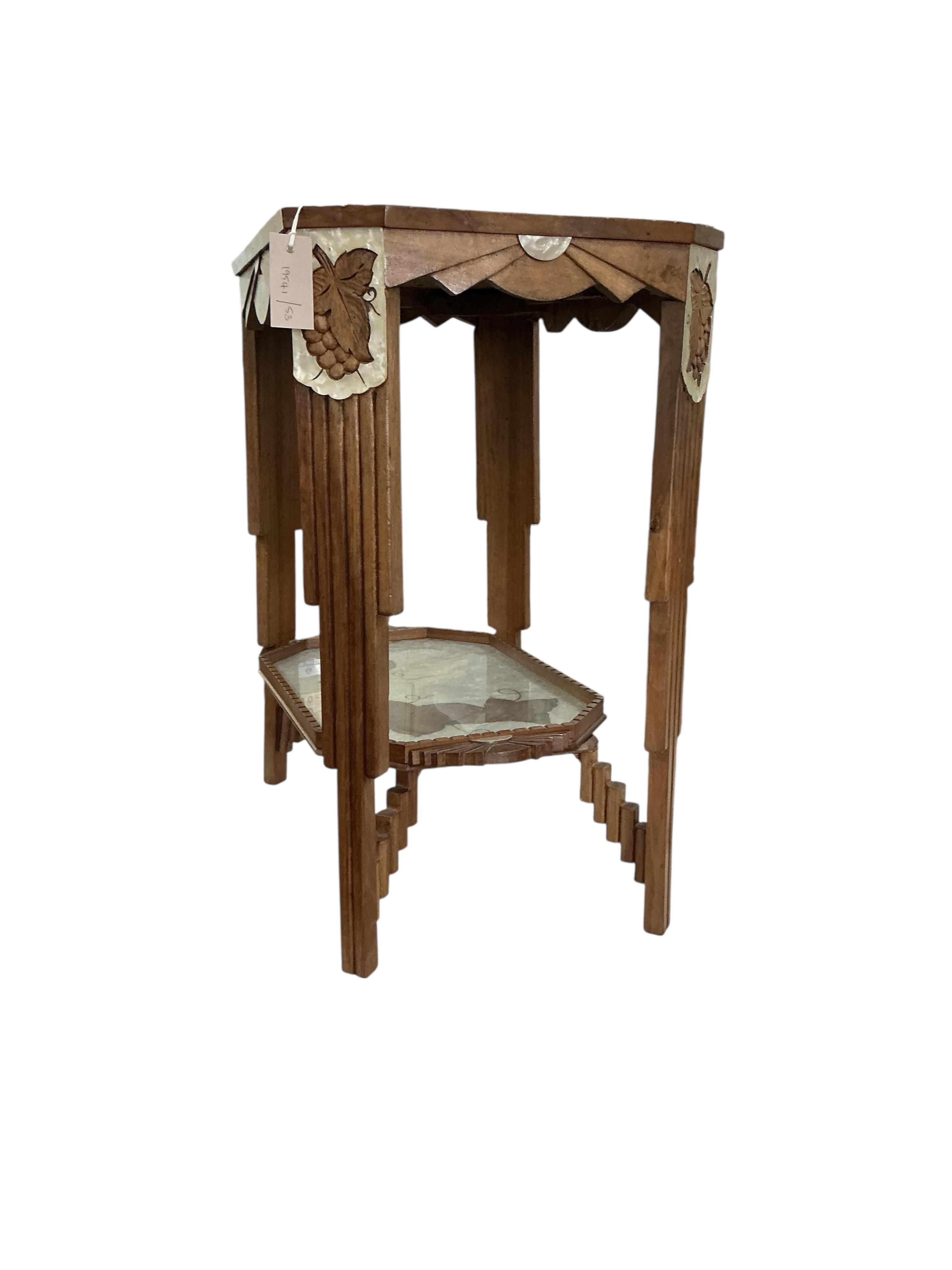 A French Art Deco faux mother of pearl and walnut two tier table, width 60cm, depth 40cm, height 68cm